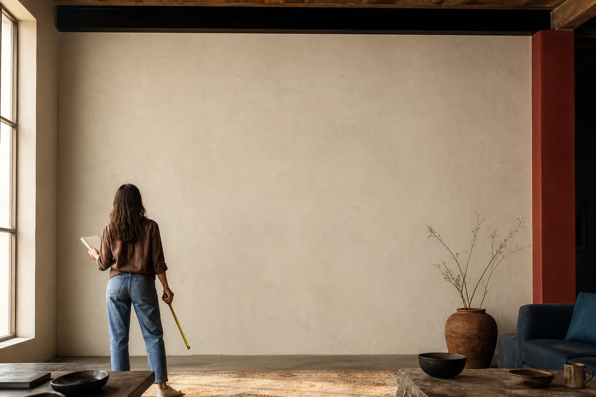 A person with a notebook and tape measure studying a large blank interior wall