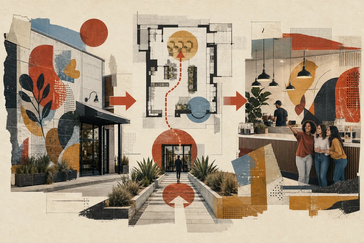 Editorial collage connecting a storefront, floor plan, entrance path, and customer photo area