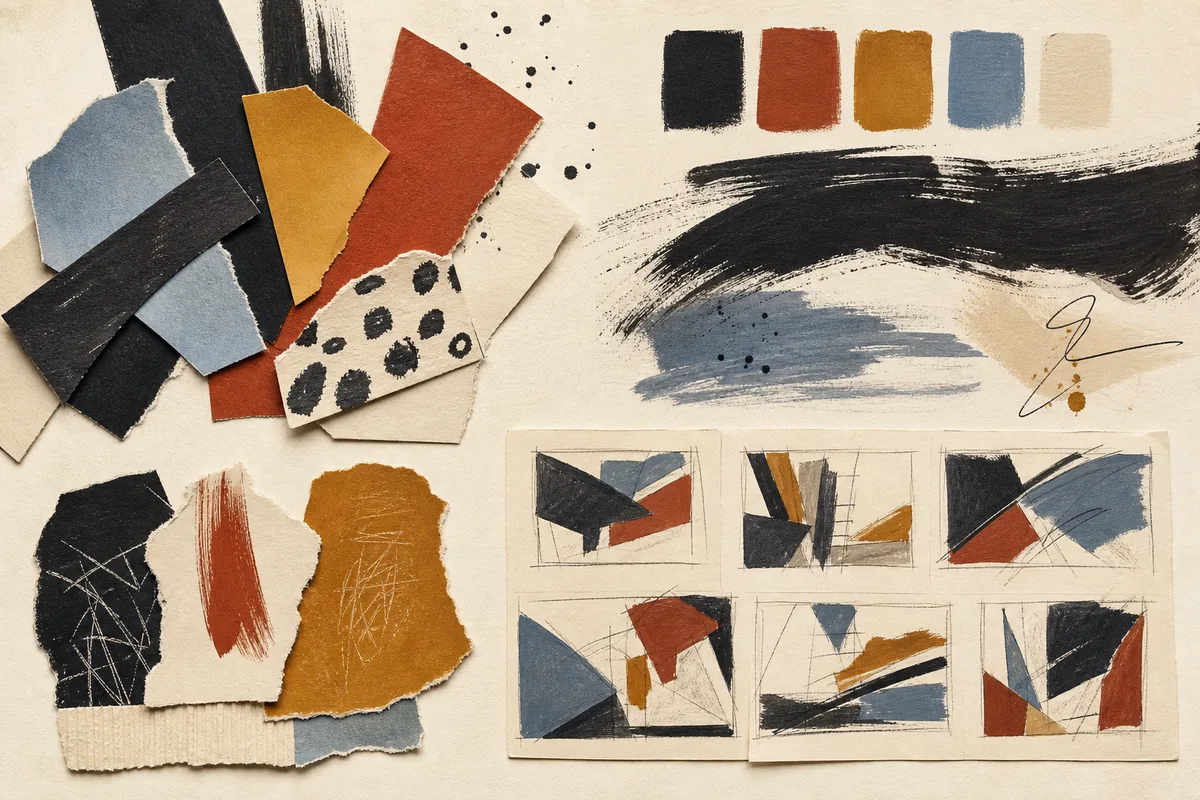 An abstract creative direction board made from paper shapes, color swatches, brush marks, and sketches