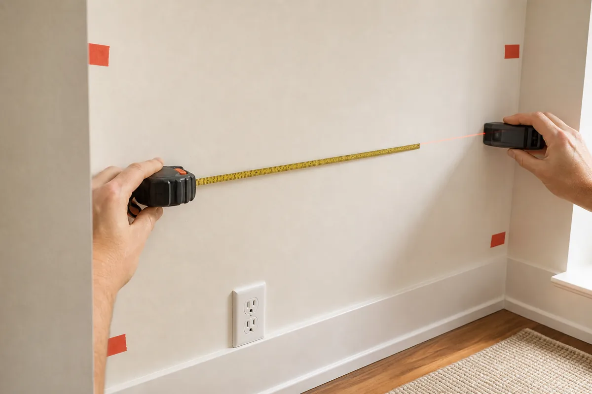 Hands using a tape measure and laser measuring tool on a blank interior wall