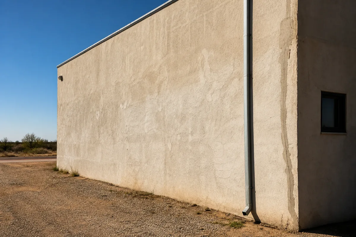 A large unpainted stucco exterior wall in strong sun with open ground beside it
