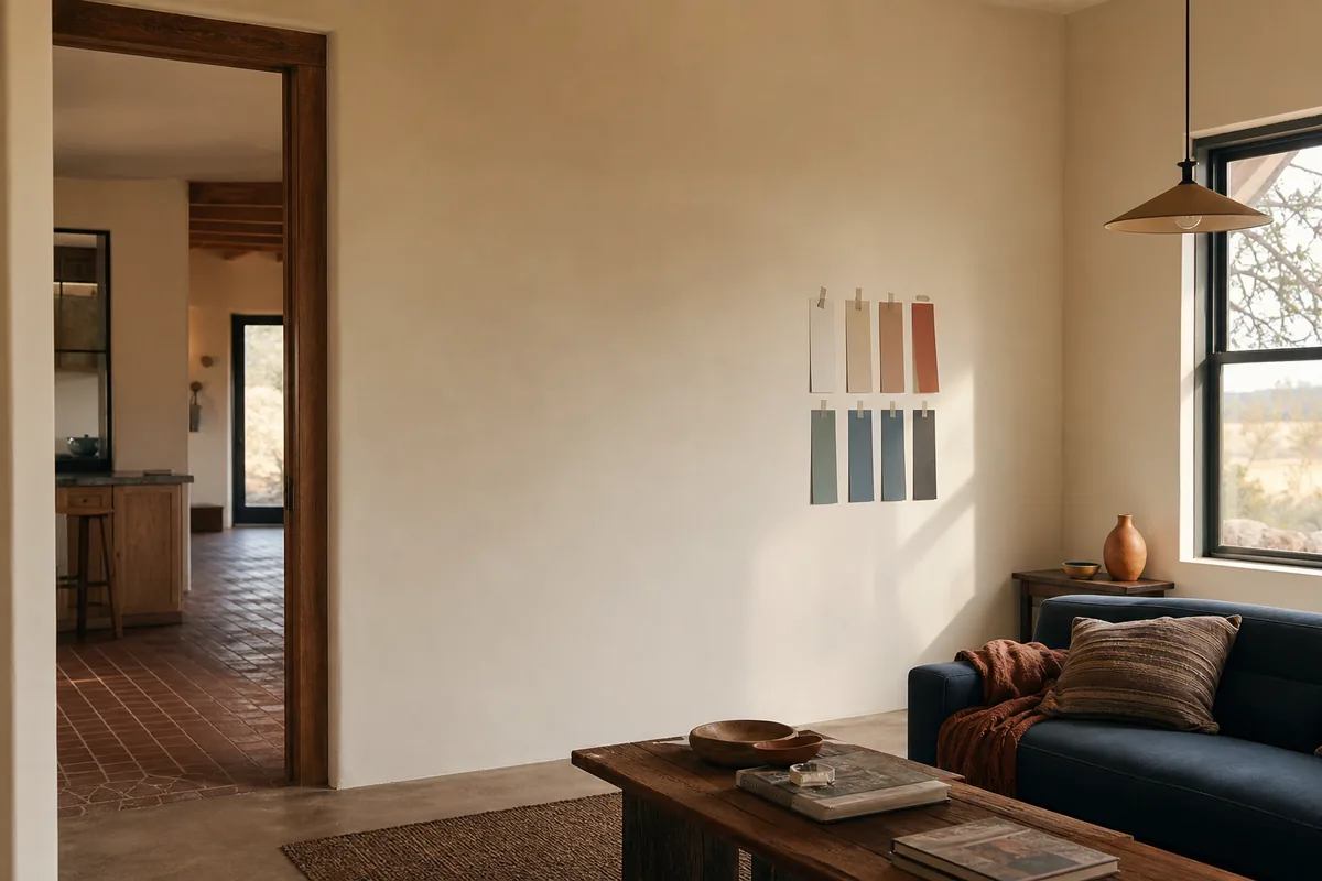 A warm interior viewed through a doorway with color samples taped to a large blank wall