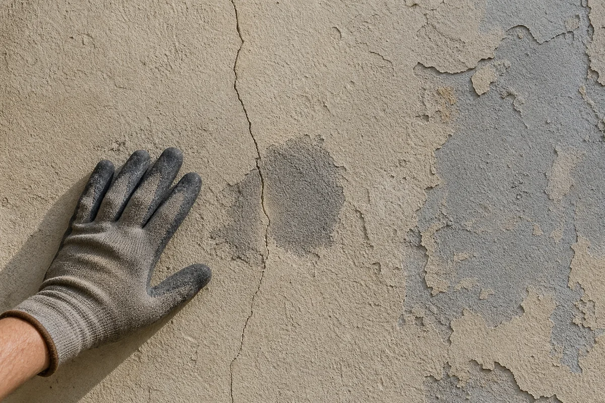 A gloved hand inspecting a textured wall with a fine crack, patch, and peeling coating
