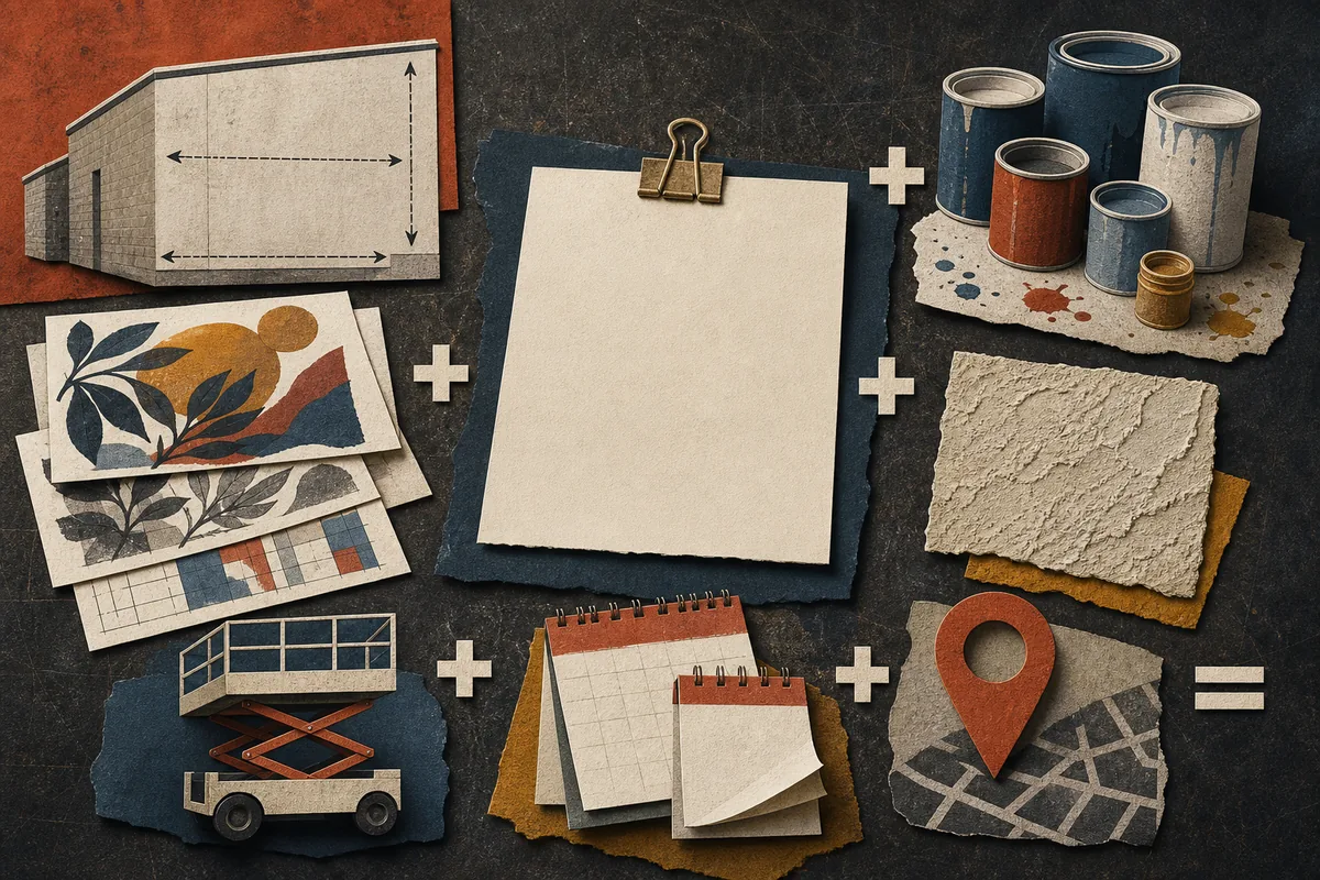Paper collage of wall dimensions, design sketches, paint, surface samples, access equipment, a calendar, and a location marker