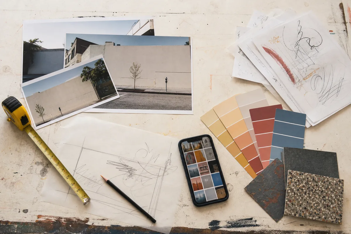 Wall photos, a tape measure, color samples, sketches, and a phone arranged on a worktable